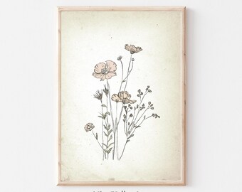 May include: A framed print of a botanical illustration featuring delicate pink flowers and green stems on a cream background. The print is titled "Nire Valley Art".