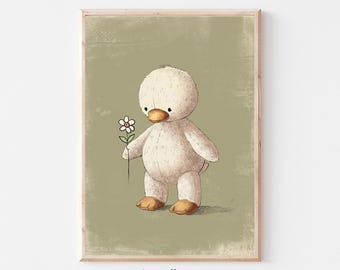 Cuddly Duck Teddy Print, Vintage Nursery Gallery Wall Printable, Gender Neutral Green Sketch , Farmhouse Illustration, Baby Room Decor