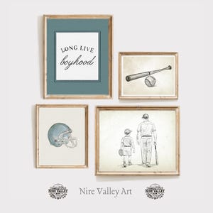 Baseball Wall Art Set of 4, Vintage Sports Prints, Blue Boys  Nursery Decor, Football Artwork, Boy Playroom Gallery Wall