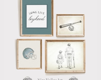 Baseball Wall Art Set of 4, Vintage Sports Prints, Blue Boys  Nursery Decor, Football Artwork, Boy Playroom Gallery Wall
