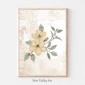 Antique Yellow Flower Print, Vintage Nursery Floral Wall Decor Sketch, botanical Gallery Wall Art, Fine Art Posters, Digital Download