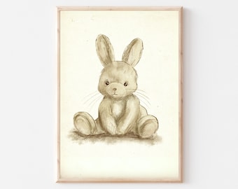 Vintage Bunny Rabbit Nursery Gallery Wall Printable, Gender Neutral Sketch Art Prints, Vintage Illustration, Baby Room Decor