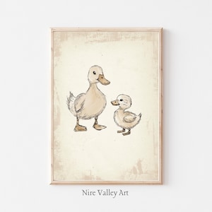 Vintage Mother Duck and Duckling Print, Nursery Gallery Wall Printable, Gender Neutral Sketch , Farmhouse Illustration, Baby Room Decor