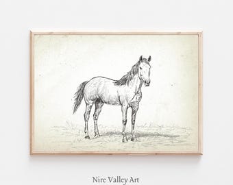 Vintage Horse Sketch, Horse Art Print, Printable Wall Art, Minimalist Neutral Drawing, Printable, Modern illustration, Digital Download