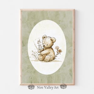Vintage Nursery Sage Green Toy Teddy Bear Sketch, Gender Neutral Wall Art Printable, Vintage Illustration, Baby Room Decor