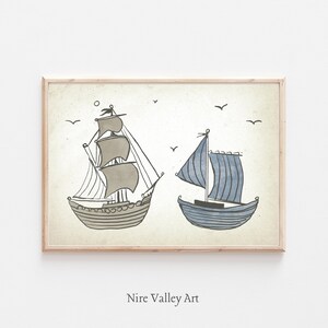 Vintage Nursery Gallery Wall Printables, Boats illustration Print,  Blue Nursery Print, Baby Boy room, Digital Download