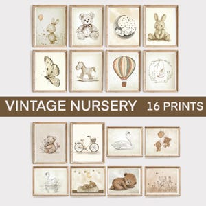 Paquete de arte de pared de guardería vintage, impresiones de guardería de género neutro, conjunto de 16 imprimibles vintage, decoración de guardería, decoración de habitación de bebé, descarga digital