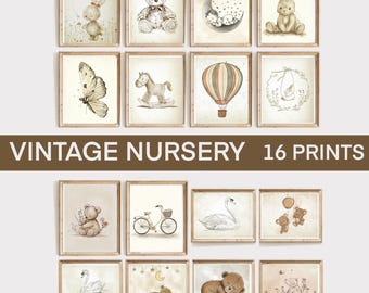 Vintage Nursery Wall Art Bundle, Gender Neutral Nursery Prints,Set of 16 Vintage printables, Nursery Decor,Baby Room Decor, Digital Download