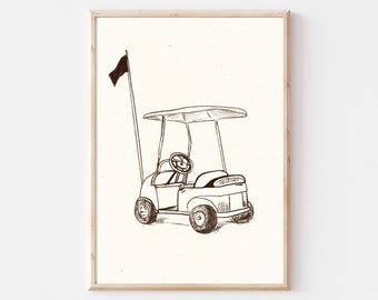 Arte de pared vintage para guardería con golf, carrito de golf, galería de deportes para niños, decoración para bebés, decoración de pared nostálgica, impresión neutra para guardería