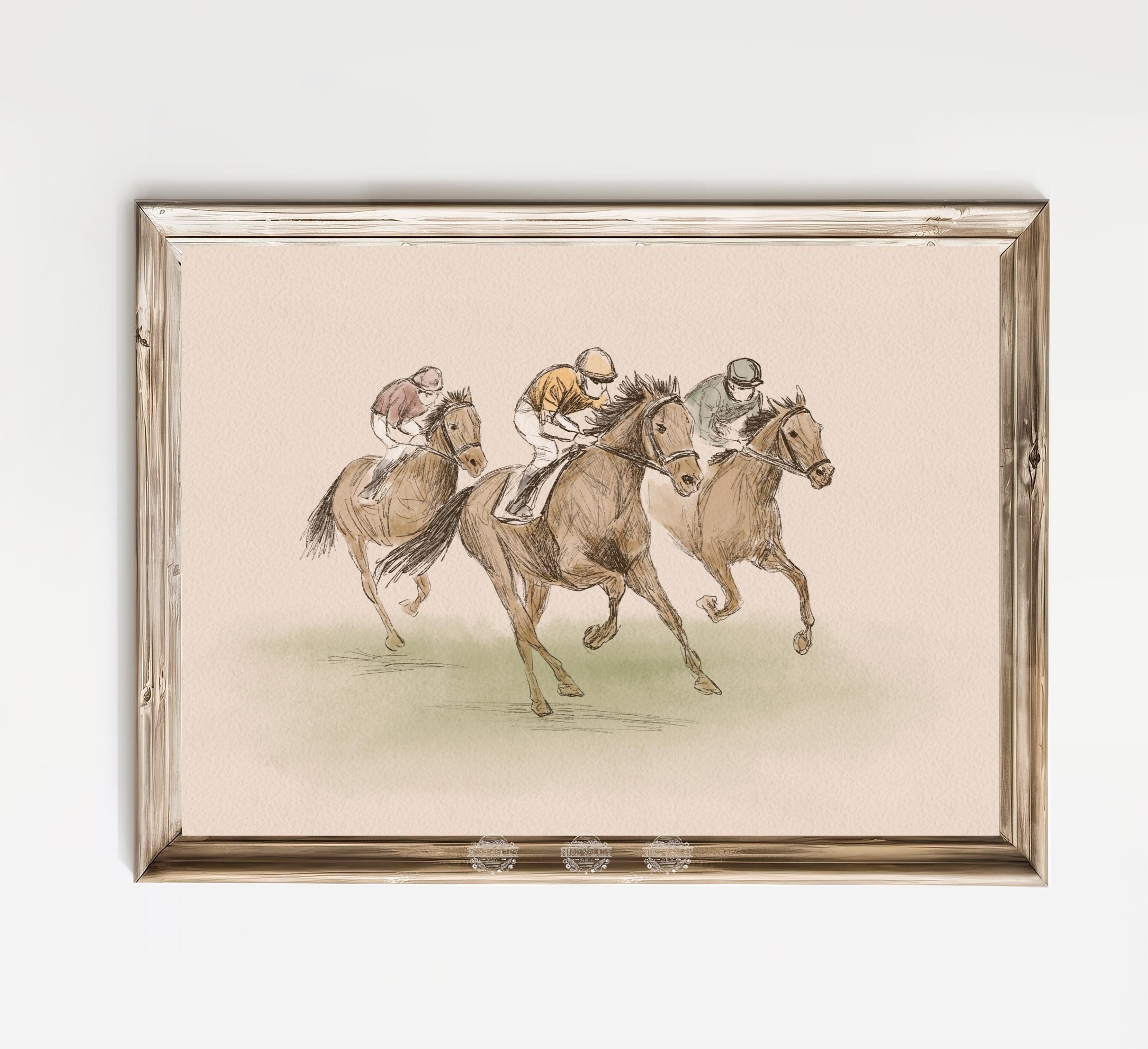 ヴィンテージ馬のアートプリント、手描きの馬術アートスケッチ、素朴な