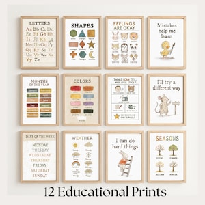 Educational Posters Bundle, Vintage Printable Wall Art For Kids, Growth Mindset, Alphabet, Shapes, Colors, Weather, Seasons, Classroom Decor