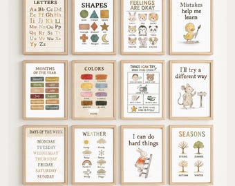 Educational Posters Bundle, Vintage Printable Wall Art For Kids, Growth Mindset, Alphabet, Shapes, Colors, Weather, Seasons, Classroom Decor