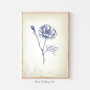 Vintage Poppy Print, Blue Wall Decor, Floral Gallery Wall Art, Botanical Fine Art Posters, Neutral Sketch Print, Digital Download