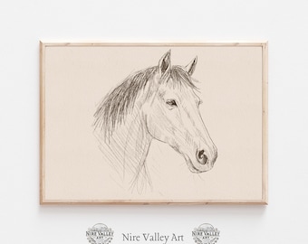 Vintage Horse Sketch Wall Art, Rustic Farmhouse Printable Decor, Equestrian Drawing Digital Download, Antique Horse Print