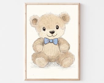 Vintage Nursery Toy Teddy Bear Sketch, Teddy Pink Bow Wall Art Printable, Vintage Illustration, Baby Room Decor