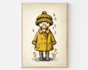 Arte murale per la cameretta dei bambini con anatra, decorazione per la cameretta dei bambini gialla vintage, stampabile su parete della galleria, stampa neutra di genere, decorazione per la cameretta dei bambini, download digitale