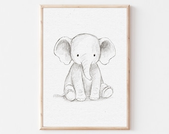 Arte de pared de elefante para guardería, impresión de elefante bebé, decoración de animales de safari, ilustración de elefante adorable, póster para habitación infantil de género neutro