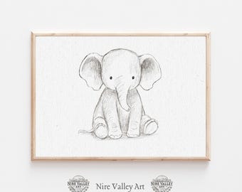 Arte de parede para berçário de elefante, estampa de bebê elefante, decoração de animais de safári, ilustração fofa de elefante, pôster neutro para quarto infantil