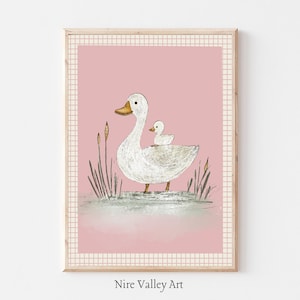 Vintage Mother Duck and Duckling Print, Nursery Gallery Wall Printable, Pink Baby Sketch , Farmhouse Illustration, Baby Room Decor