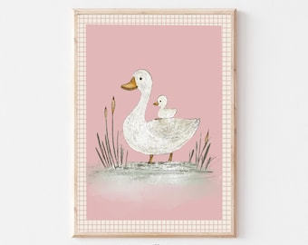 Vintage Mutter Ente und Entenkind Druck, Kinderzimmer Galerie Wand druckbare, rosa Baby Skizze, Bauernhaus Illustration, Baby Zimmer Dekor