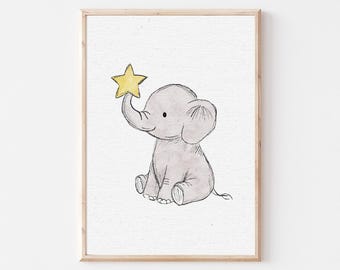 Arte de pared de elefante para guardería, impresión de elefante bebé, decoración de animales de safari, ilustración de elefante adorable, póster para habitación infantil de género neutro