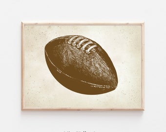 May include: A brown leather football with white laces, drawn in a vintage style on a beige background.