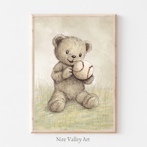Teddy Bear Baseball Print, Vintage Nursery PRINTABLE Wall Art, Kids Sports Decor, Neutral Boy Nursery Prints, Kids Toddler Room Decor
