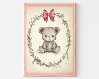Vintage Nursery Toy Teddy Bear Sketch, Pink Bow Bear, Wall Art Printable, Vintage Illustration, Baby Room Decor