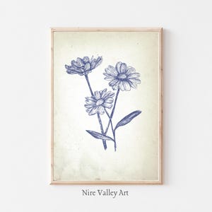 Vintage Daisy  Print, Blue Wall Decor, Floral Gallery Wall Art, Botanical Fine Art Posters, Neutral Sketch Print, Digital Download