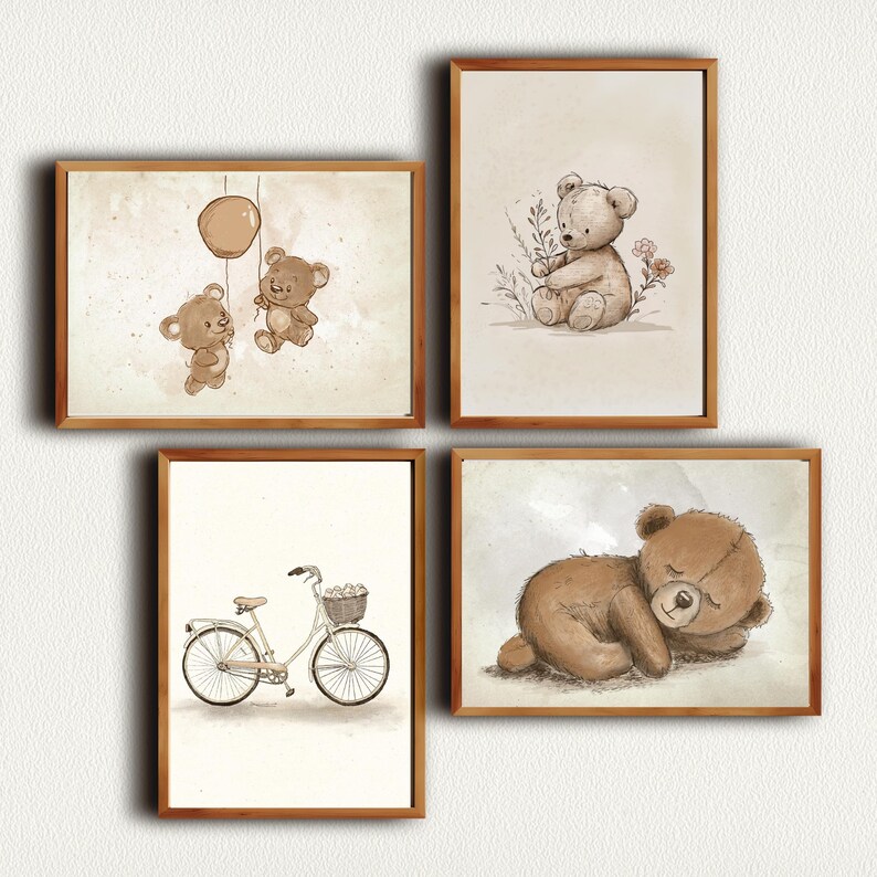 May include: Set of four framed prints featuring illustrations of brown teddy bears. One print shows two bears, one holding a balloon. Another print shows a bear riding a bicycle. The third print shows a bear sitting in a field of flowers. The final print shows a bear sleeping.