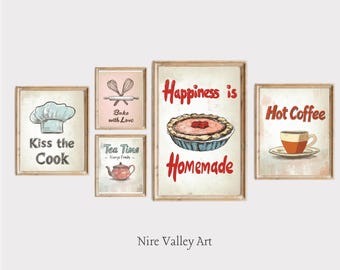 Kitchen Wall Art Set of 5, Retro Kitchen Prints Bundle, Kitchen Decor, Food Drink Print, Dining room wall decor, Digital Download