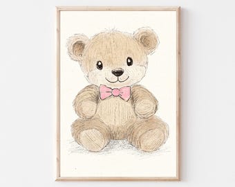 Vintage Nursery Toy Teddy Bear Sketch, Teddy Pink Bow Wall Art Printable, Vintage Illustration, Baby Room Decor