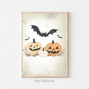 Vintage Halloween Bat And Pumpkin Print, Creepy Spooky Haunted Wall Art, Gothic Digital Download Halloween Decor