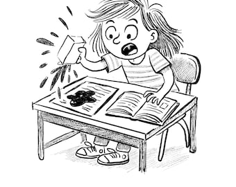 Puede incluir: Ilustración en blanco y negro de un niño en un escritorio, reaccionando con sorpresa a una mancha de tinta derramada. El niño sostiene un tintero, con tinta salpicando un papel y un libro abierto. El escritorio y la silla también están ilustrados.