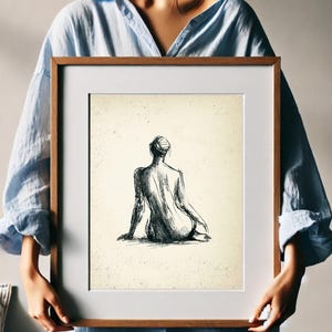 May include: A black and white line drawing of a person sitting with their back to the viewer. The drawing is on a textured, off-white background.