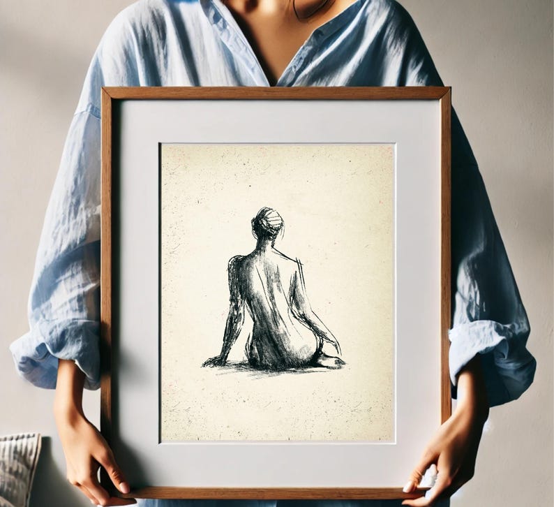 May include: A black and white line drawing of a person sitting with their back to the viewer. The drawing is on a textured, off-white background.