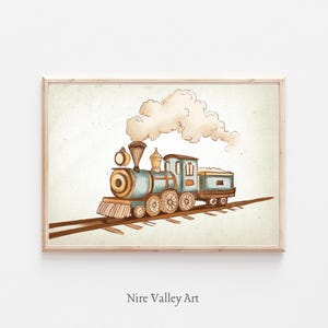 Vintage Train Nursery Print, Blue Train Gallery Wall Art Printable, Boy Neutral Sketch Prints, Vintage Illustration, Digital Download