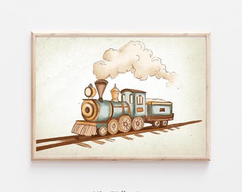 Vintage Train Nursery Print, Blue Train Gallery Wall Art Printable, Boy Neutral Sketch Prints, Vintage Illustration, Digital Download
