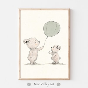 Teddy Bear Nursery Wall Art Print, Vintage Nursery Print, Green Balloon, Kids Sketch Art Printable, Vintage Baby Room Decor