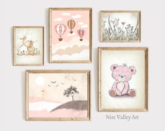Vintage Nursery Pink Gallery Wall Set, Set of 5 Vintage Nursery Printables, Baby Girl Nursery Prints, Baby room Digital Download