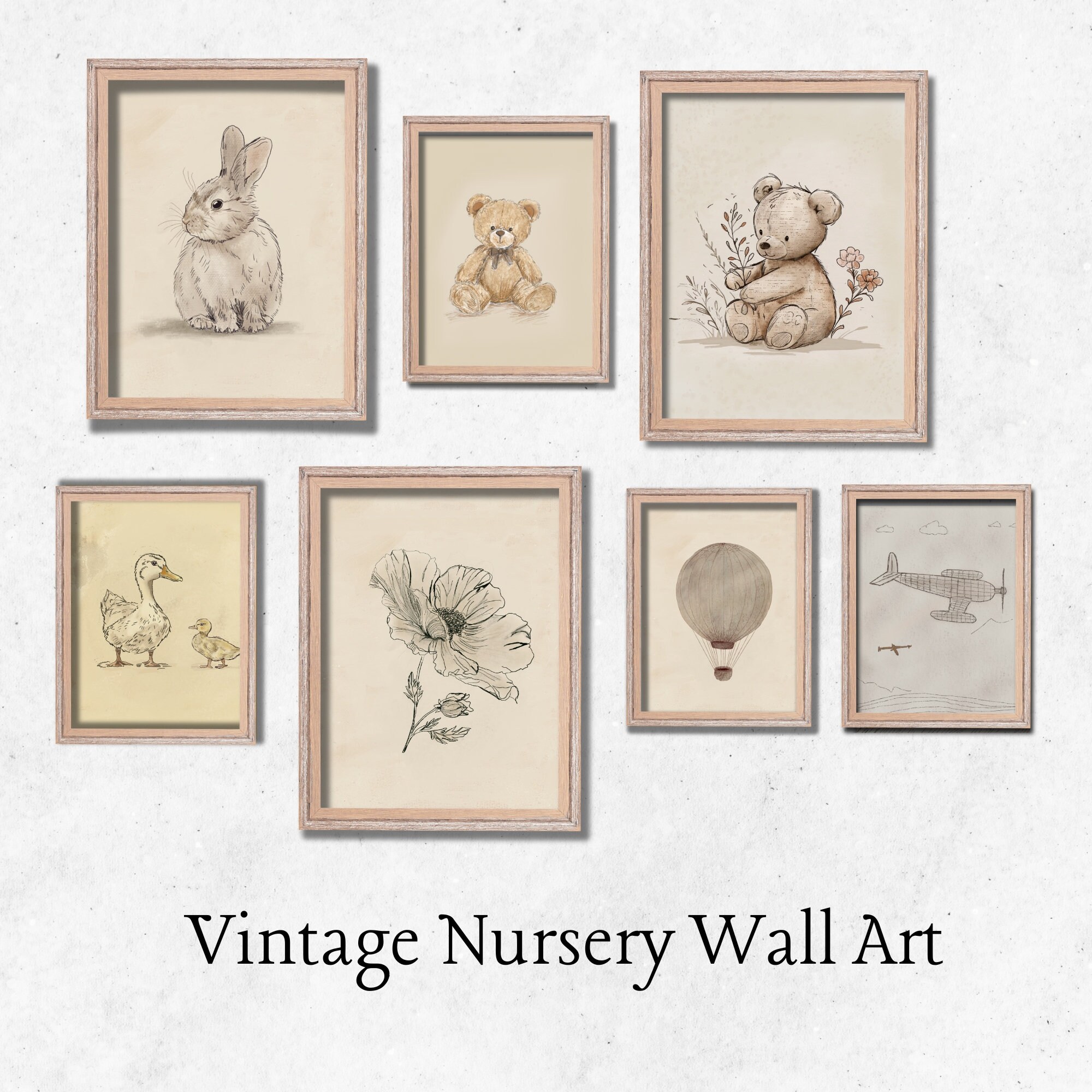Vintage Nursery Gallery Wall Set,gender Neutral Sketch Bundle Art ...
