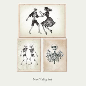 Set of 3 Vintage Halloween Skeleton Prints: Black And White Spooky Wall Art