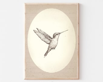 Vintage Hummingbird Sketch, Bird PRINTABLE Wall Art, Neutral Bird Print, Nursery Gallery Wall Printable, Spring Home Decor,Digital Download