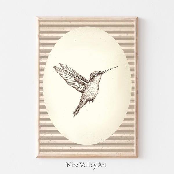 Vintage Hummingbird Sketch, Bird PRINTABLE Wall Art, Neutral Bird Print, Nursery Gallery Wall Printable, Spring Home Decor,Digital Download