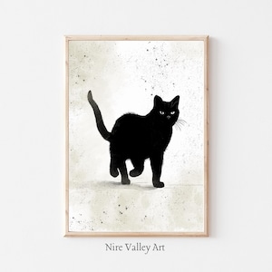 Vintage Black Cat Print, Halloween Spooky Gothic Wall Art, Haunted Digital Download Decor