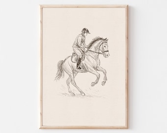 Equestrian Rider Print, Vintage Horse Sketch, Horseback Riding Poster, Rustic Equestrian Wall Art, Horse Drawing Digital Download