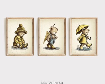 Vintage Teddy Bear Nursery Prints, Set of 3 Vintage Bear Printables, Gender Neutral Print, Antique Children's Poster Print, Yellow Printable