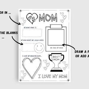 Mother&#39;s Day Coloring Page printable  - All About My Mom instant download - Fill in the Blank Coloring Page for Mom - Kids Gift for Mom