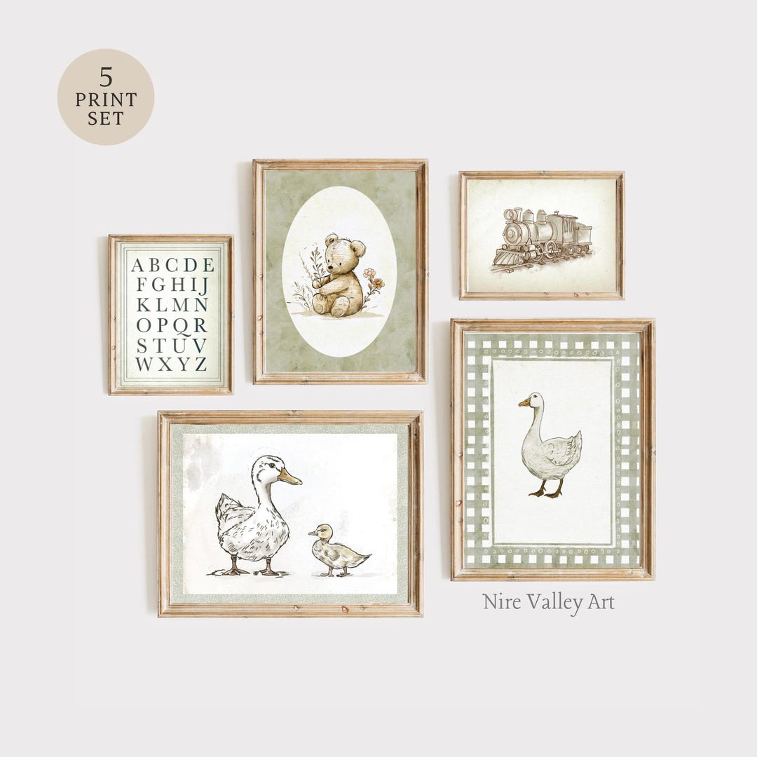 Vintage Nursery Sage Green Prints, Set of 5 Gallery Wall Printables ...