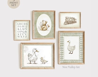 Vintage Nursery Sage Green Prints, Set of 5 Gallery Wall Printables, Neutral Baby Room Art, Nursery Wall Art Digital Download, Neutral Decor